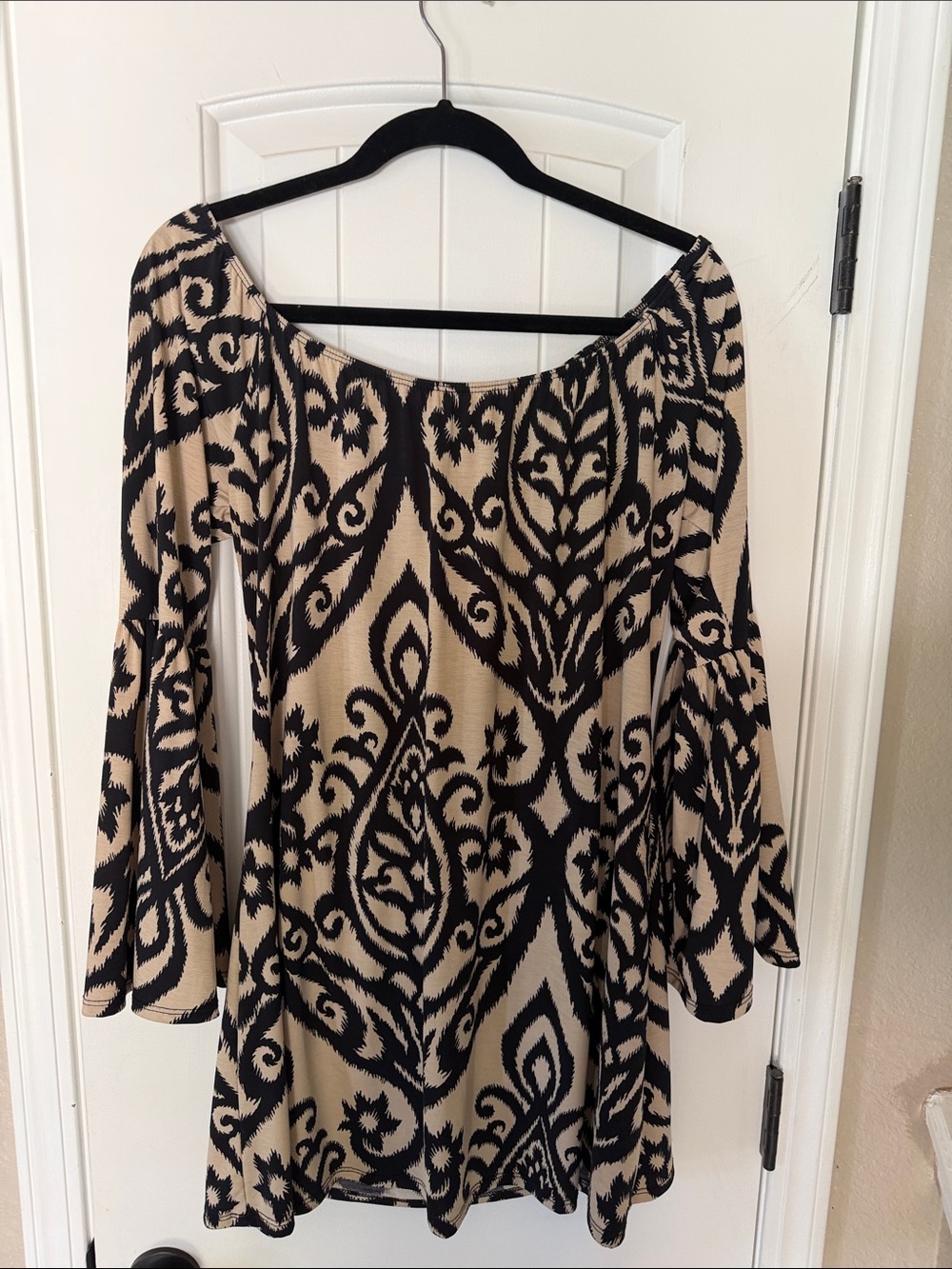 Black and Beige Off-Shoulder Patterned Tunic